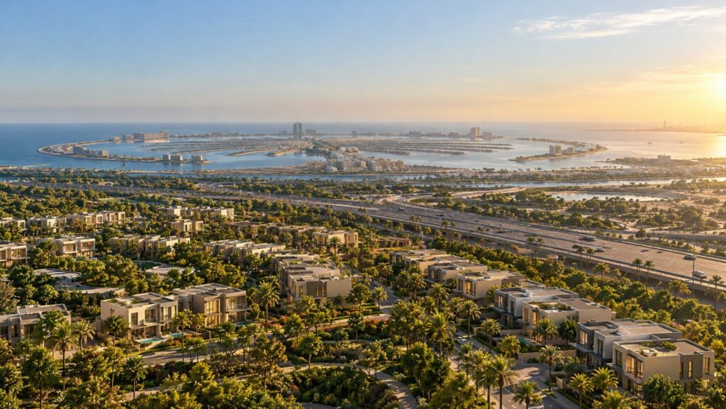 Palm-shaped island on the Dubai coastline seen beyond a highway and villa community