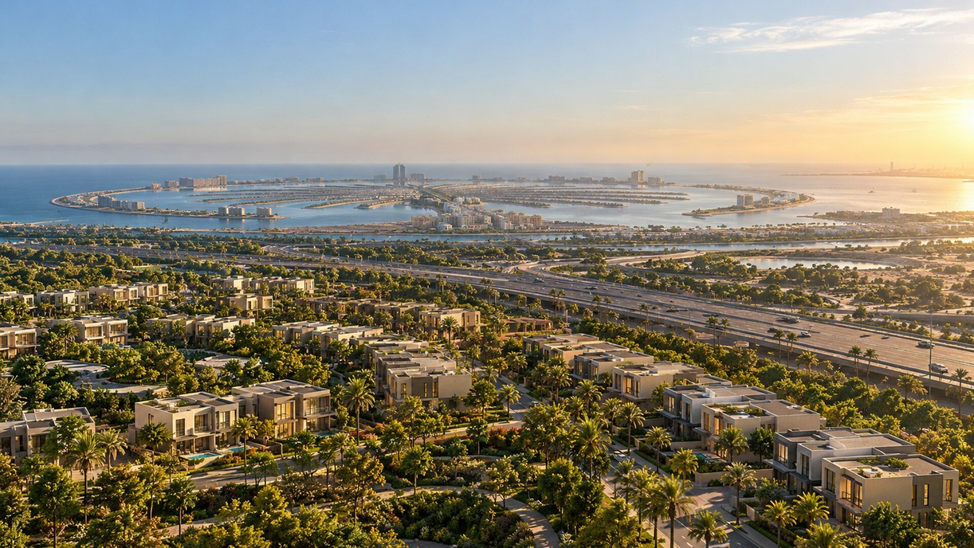 Aerial view of a low-rise villa community among palm trees beside a highway, with a palm-shaped island on the coast at sunset